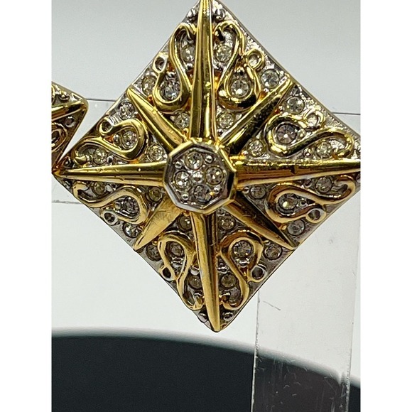 Swarovski Vintage Swan Square Gold Tone Rhinestone Clip On Earrings - Picture 8 of 16